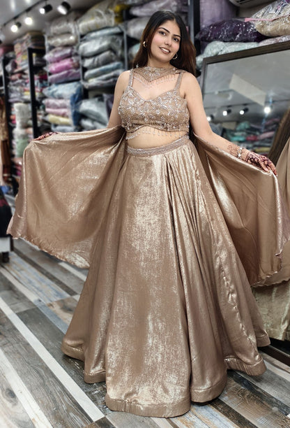 Full Embellished Spaghetti Style Blouse with Shimmer Two-Tone Flared Lehenga