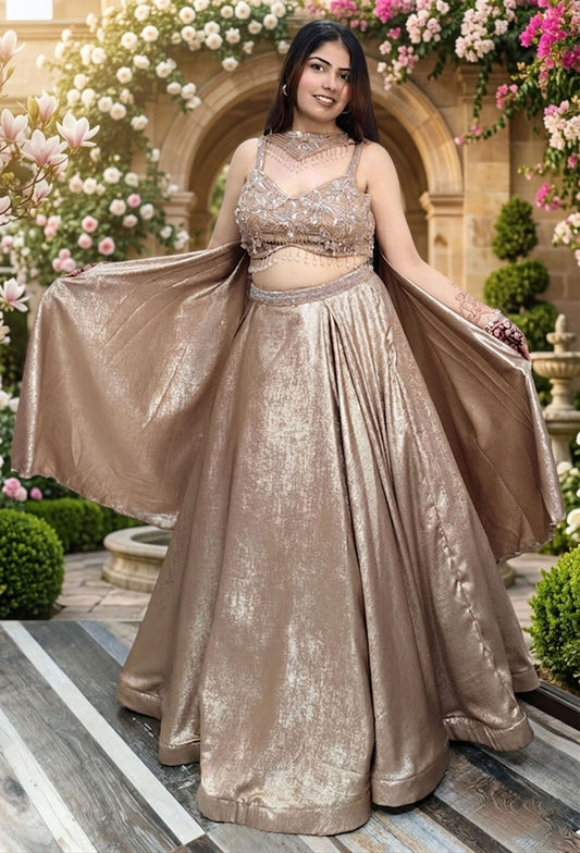 Full Embellished Spaghetti Style Blouse with Shimmer Two-Tone Flared Lehenga