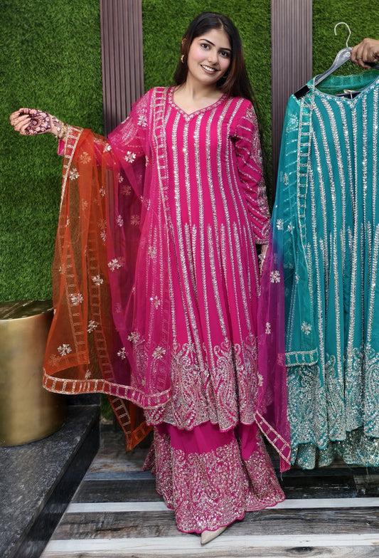 Mirror Work Embroidered Pakistani Anarkali with Plazo Bottom & Contrast Net Dupatta