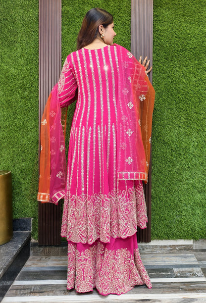 Mirror Work Embroidered Pakistani Anarkali with Plazo Bottom & Contrast Net Dupatta