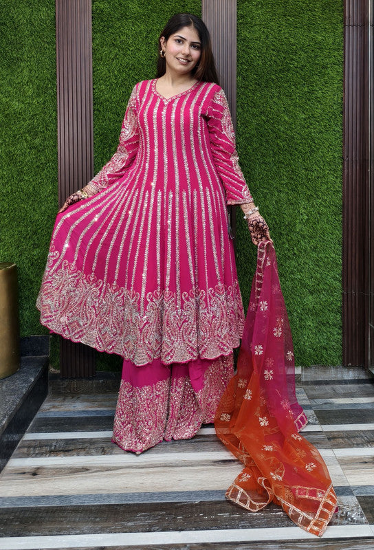 Mirror Work Embroidered Pakistani Anarkali with Plazo Bottom & Contrast Net Dupatta