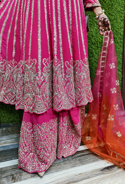 Mirror Work Embroidered Pakistani Anarkali with Plazo Bottom & Contrast Net Dupatta