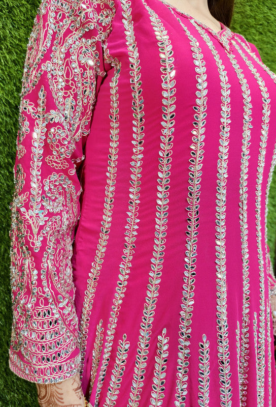 Mirror Work Embroidered Pakistani Anarkali with Plazo Bottom & Contrast Net Dupatta