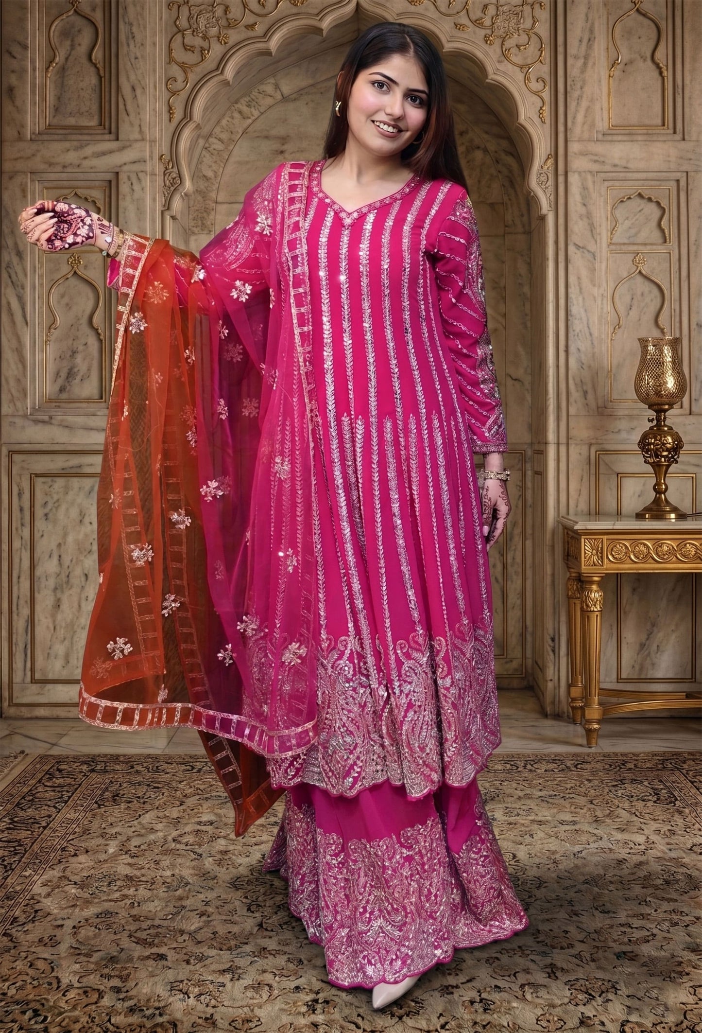Mirror Work Embroidered Pakistani Anarkali with Plazo Bottom & Contrast Net Dupatta