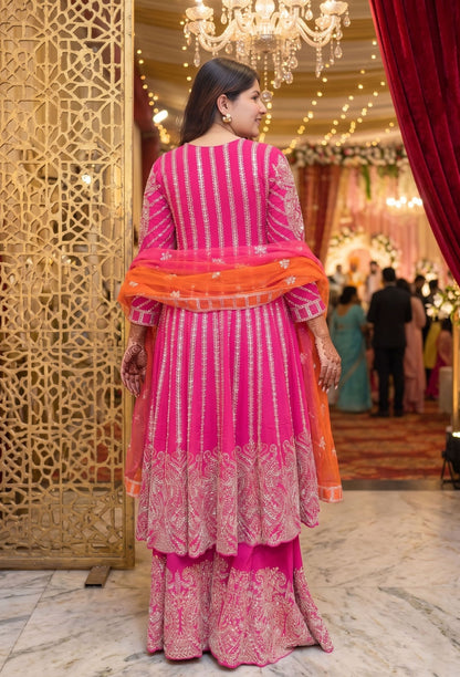 Mirror Work Embroidered Pakistani Anarkali with Plazo Bottom & Contrast Net Dupatta