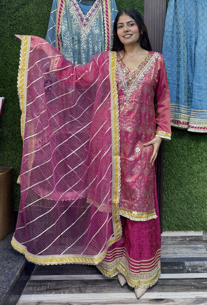 Gotta Work Embroidered Pakistani Suit with Jacquard Silk Plazo & Handwork Net Dupatta