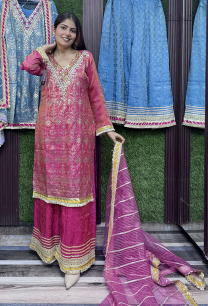 Gotta Work Embroidered Pakistani Suit with Jacquard Silk Plazo & Handwork Net Dupatta