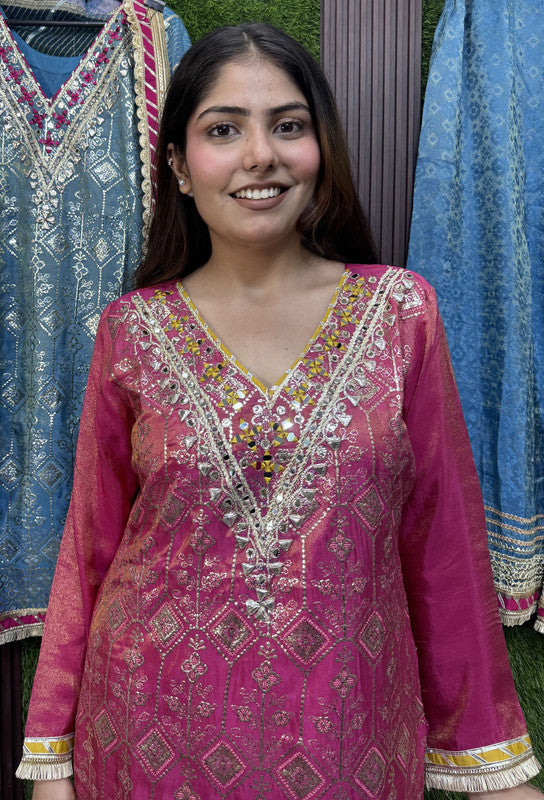 Gotta Work Embroidered Pakistani Suit with Jacquard Silk Plazo & Handwork Net Dupatta