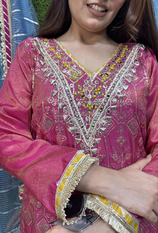 Gotta Work Embroidered Pakistani Suit with Jacquard Silk Plazo & Handwork Net Dupatta