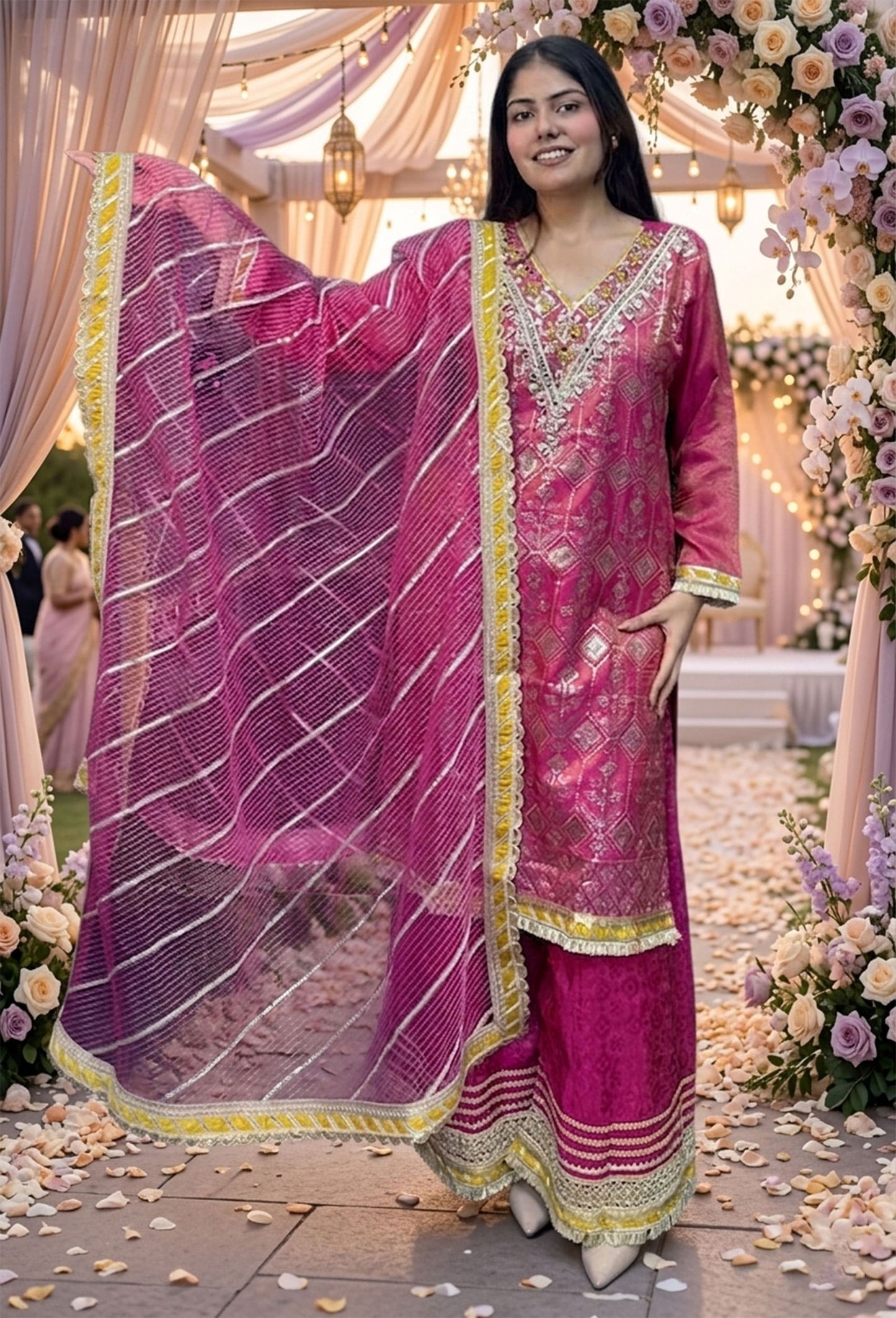 Gotta Work Embroidered Pakistani Suit with Jacquard Silk Plazo & Handwork Net Dupatta