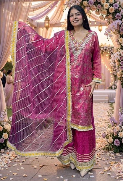 Gotta Work Embroidered Pakistani Suit with Jacquard Silk Plazo & Handwork Net Dupatta