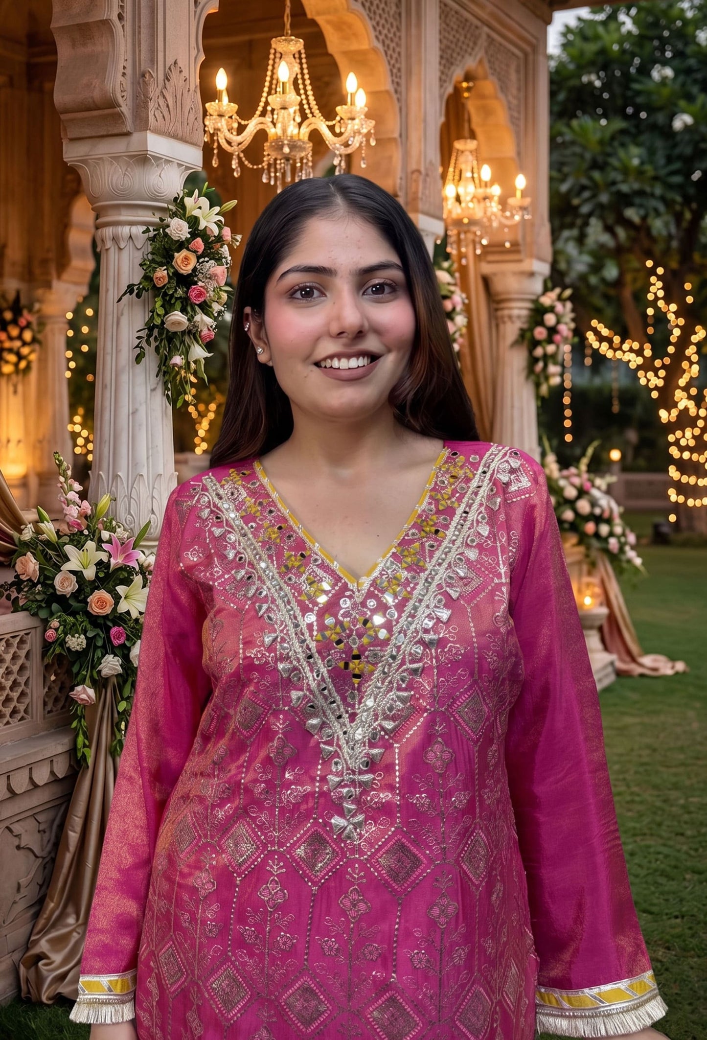 Gotta Work Embroidered Pakistani Suit with Jacquard Silk Plazo & Handwork Net Dupatta
