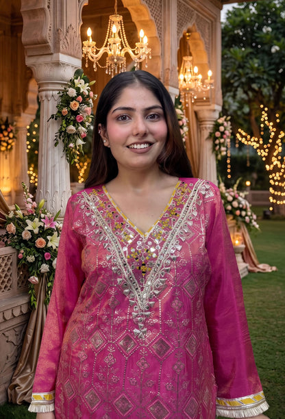 Gotta Work Embroidered Pakistani Suit with Jacquard Silk Plazo & Handwork Net Dupatta