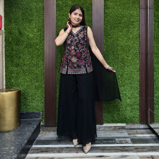 Threadwork Multi-Embroidered Corset with Georgette Plazo & Handwork Choker Dupatta