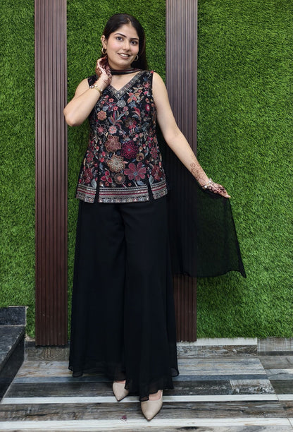 Threadwork Multi-Embroidered Corset with Georgette Plazo & Handwork Choker Dupatta