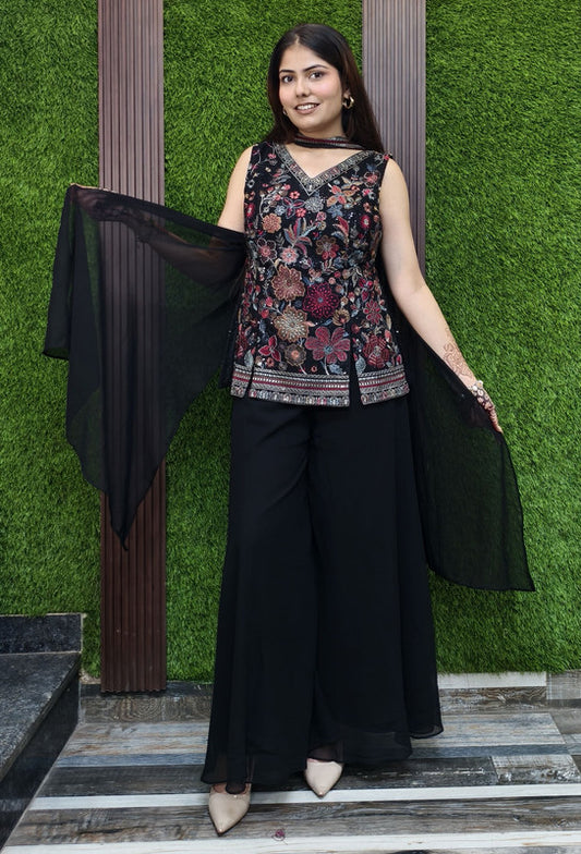 Threadwork Multi-Embroidered Corset with Georgette Plazo & Handwork Choker Dupatta