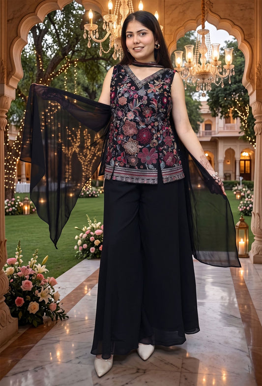 Threadwork Multi-Embroidered Corset with Georgette Plazo & Handwork Choker Dupatta