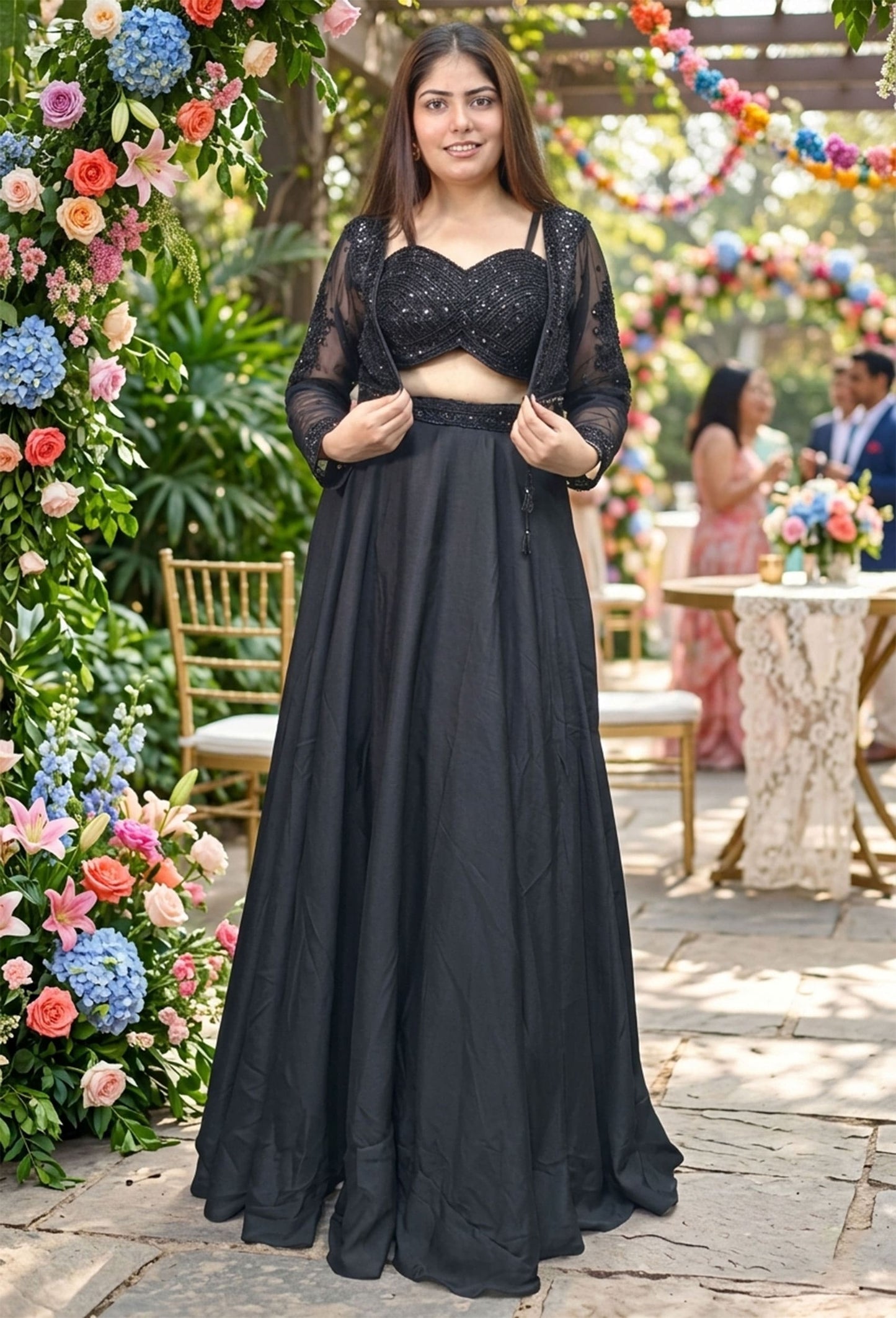 Designer Black Crop Top & Skirt Set with Short Embroidered Jacket - Cocktail Party Wear