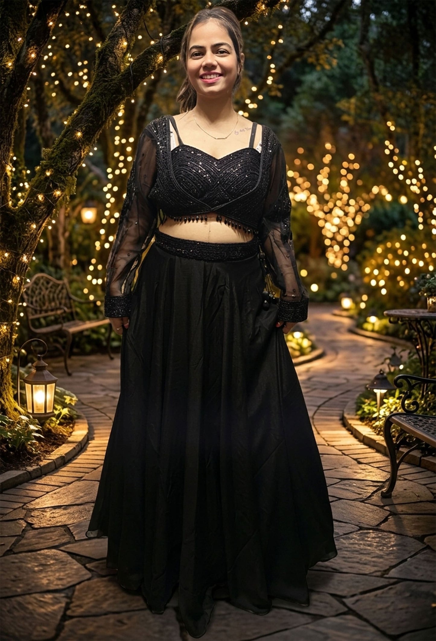 Designer Black Crop Top & Skirt Set with Short Embroidered Jacket - Cocktail Party Wear
