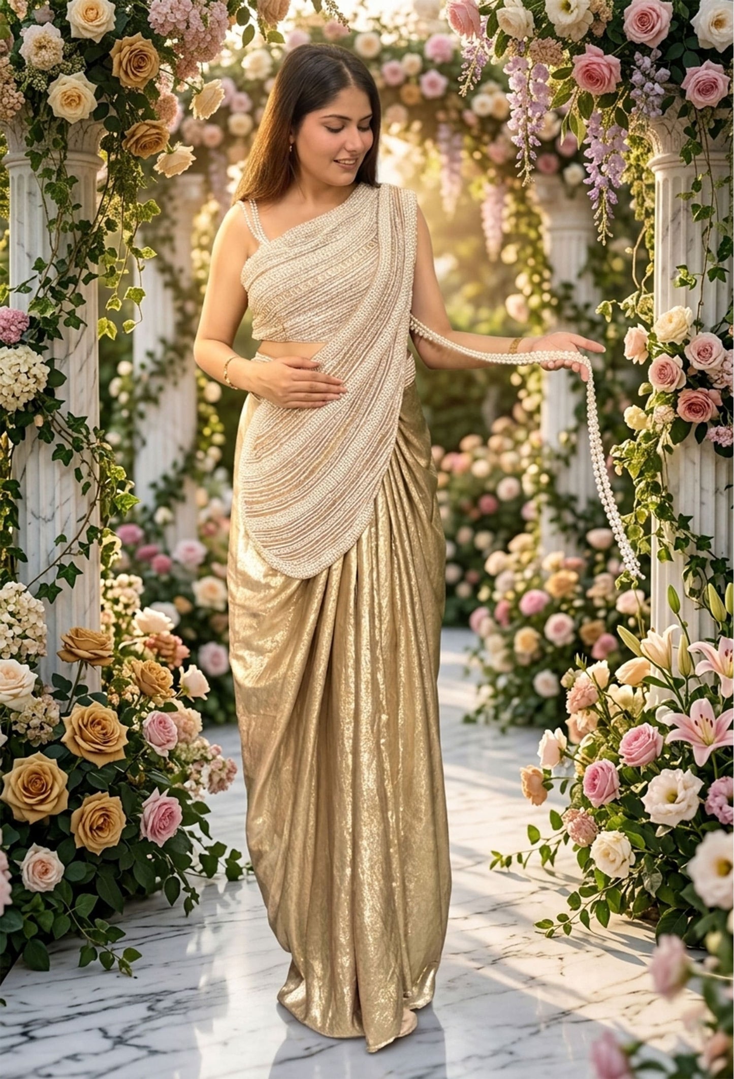 One-Shoulder Designer Blouse with Pearl Beaded Drape Saree & String Pallu