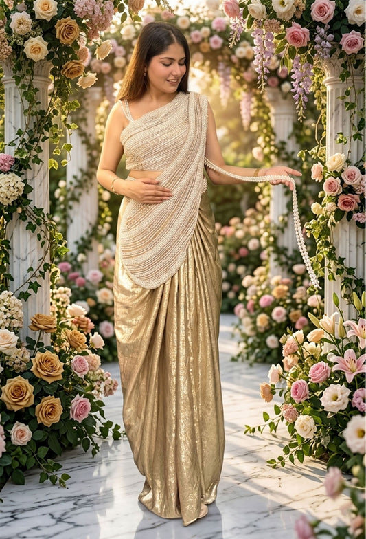 One-Shoulder Designer Blouse with Pearl Beaded Drape Saree & String Pallu