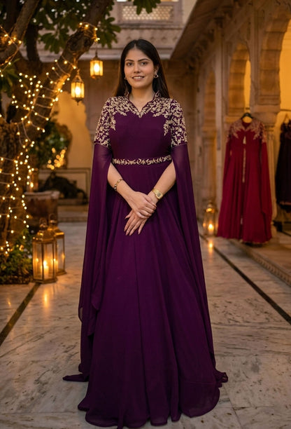 Handworked Georgette Anarkali with Band Neck, Long Sleeves & Waist Belt