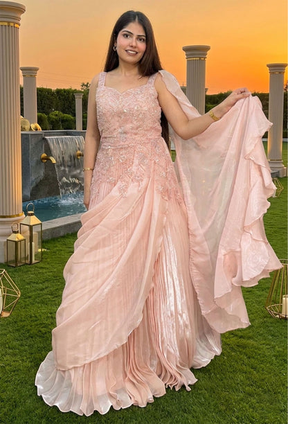 Indo-Western Organza Drape Gown with Spaghetti Straps & Handwork Detailing
