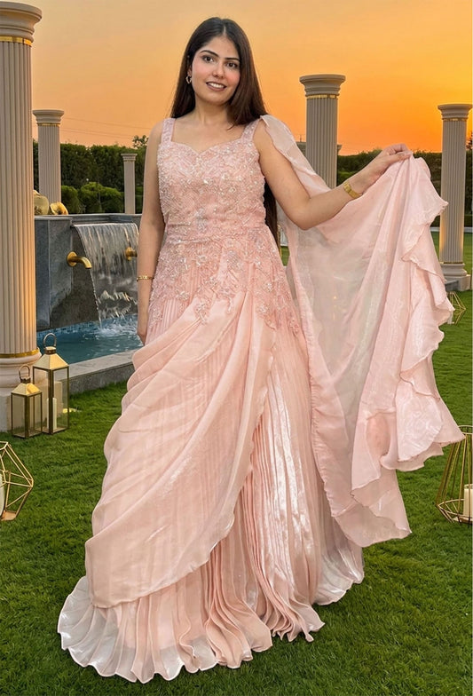 Indo-Western Organza Drape Gown with Spaghetti Straps & Handwork Detailing