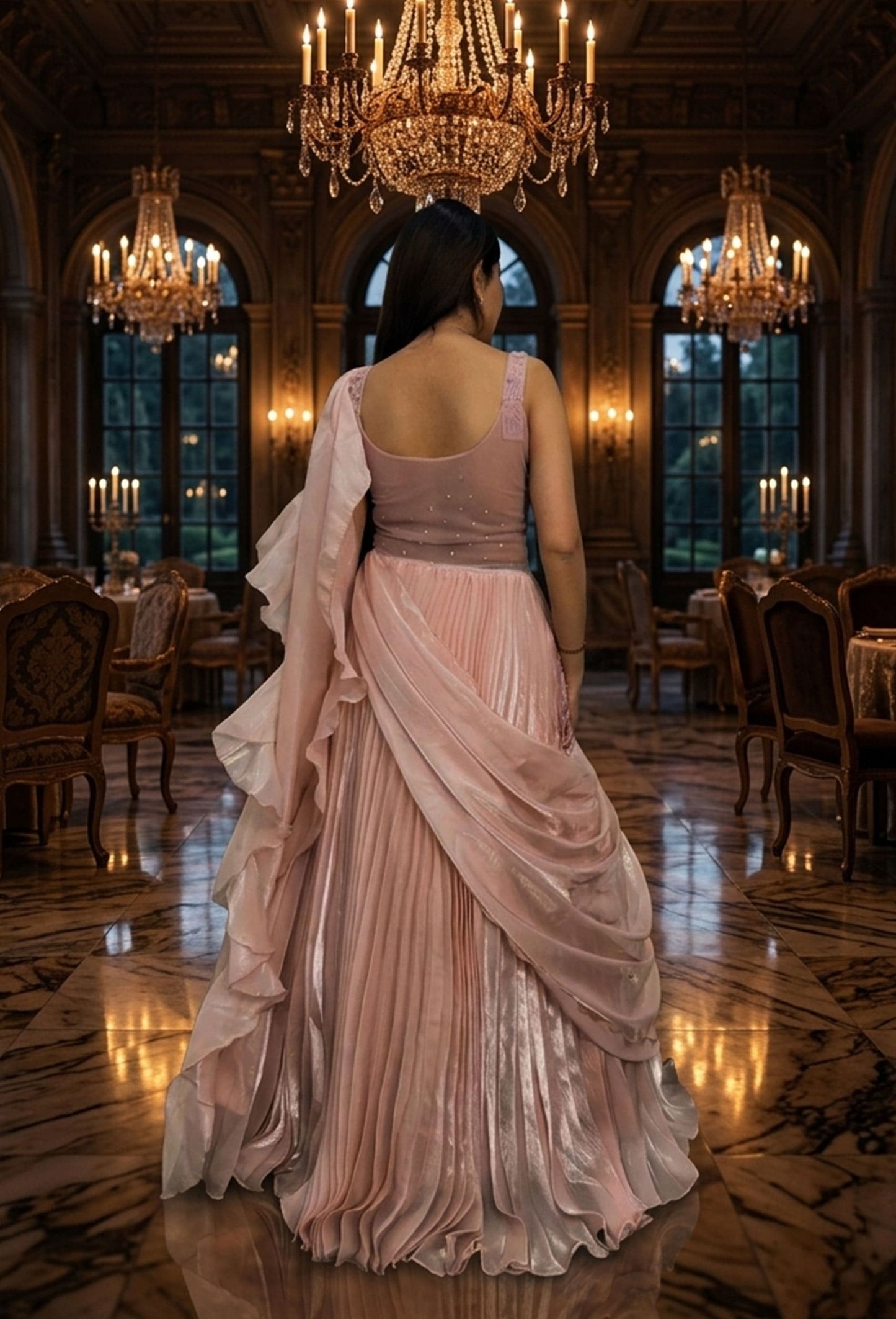 Indo-Western Organza Drape Gown with Spaghetti Straps & Handwork Detailing