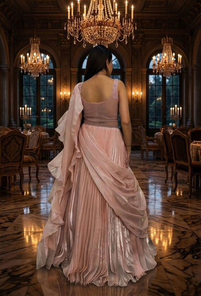 Indo-Western Organza Drape Gown with Spaghetti Straps & Handwork Detailing