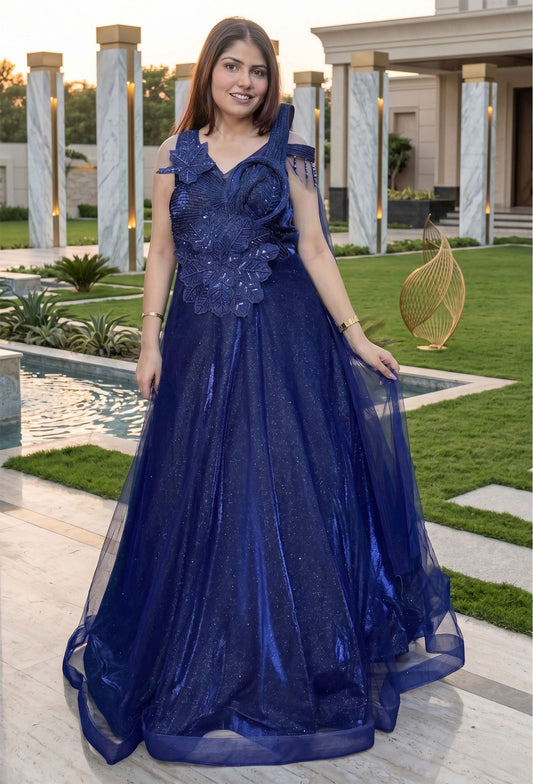 Imported Shimmer Indo-Western Gown with Applique Embellished Design