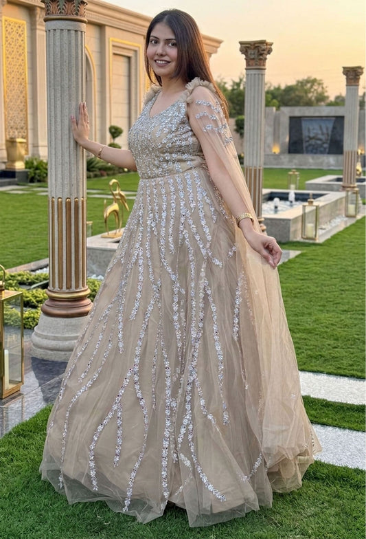 Multi-Embroidered Partywear Gown with Elegant Long Sleeve Design
