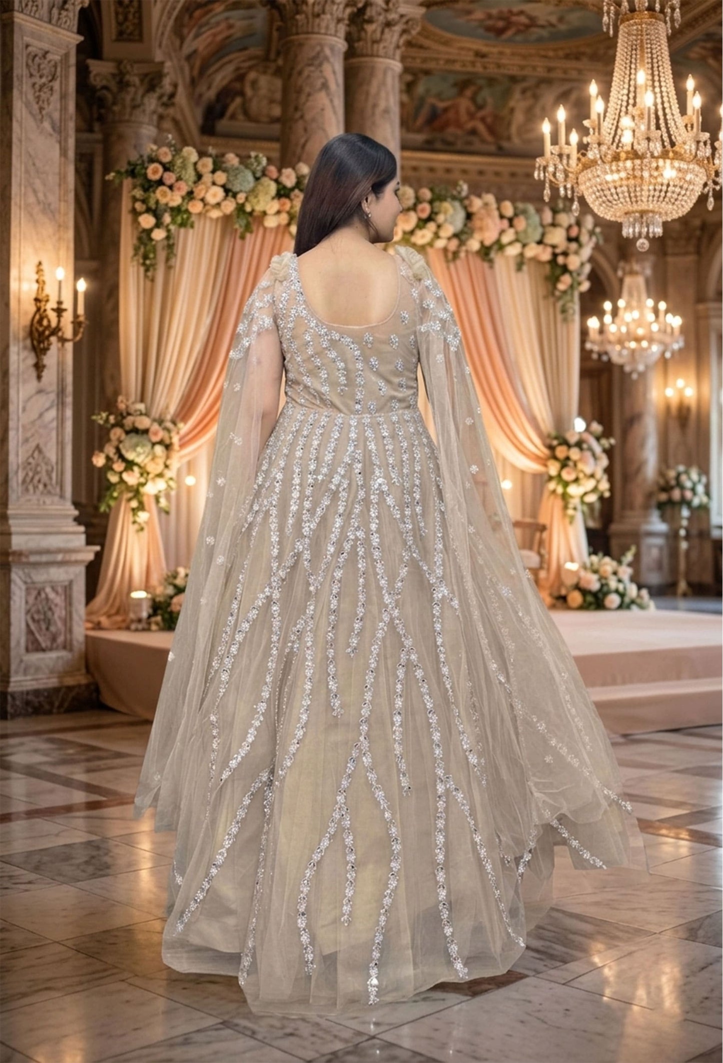 Multi-Embroidered Partywear Gown with Elegant Long Sleeve Design