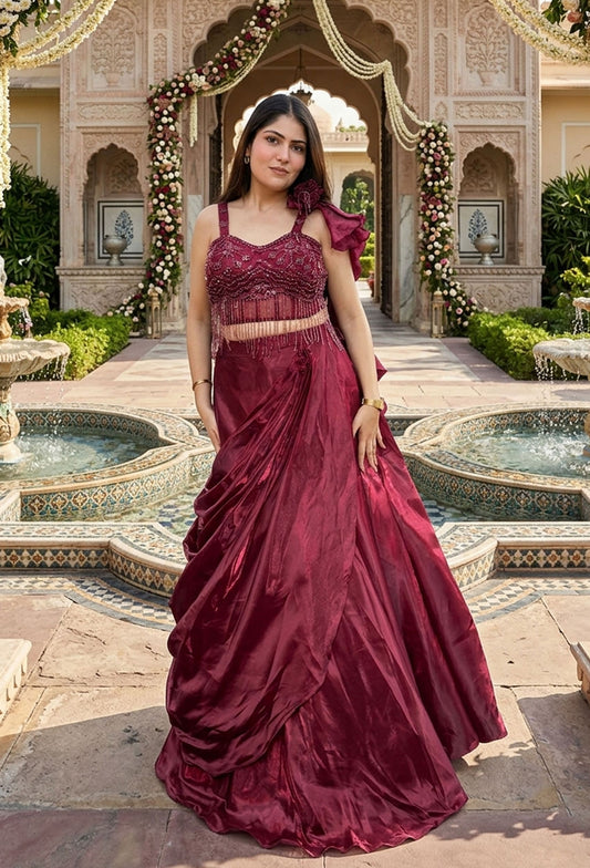 Designer Corset Lehenga Set with Embellished Choli & Organza Drape Silhouette