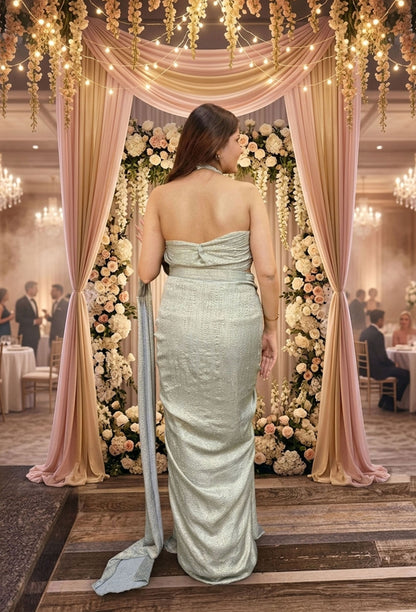 Halter Neck Hand-Embellished Drape Set with Two-Tone Shimmer Cowl Skirt