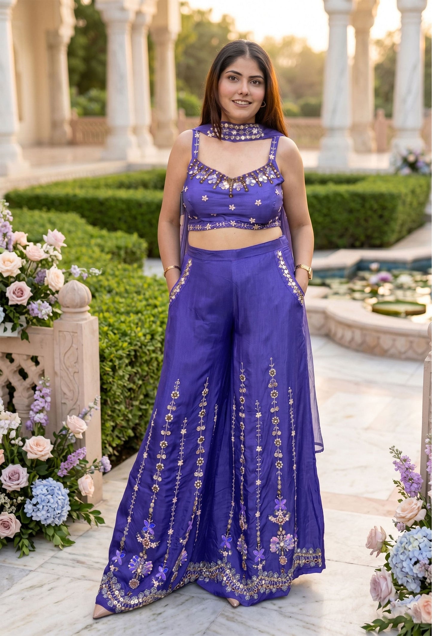 PDP Style Hand Work Crop Top Sharara With Choker Dupatta