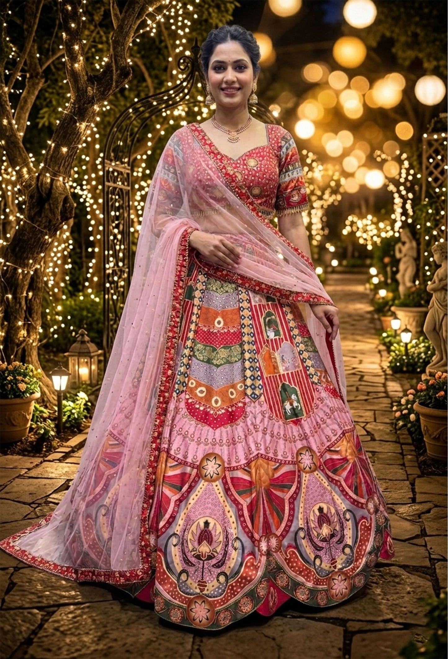 PDP Styled Digital Print Anarkali Lehenga with Cushion Tassel Accents