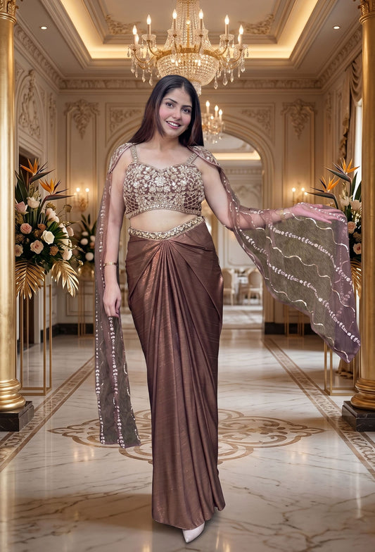 Shimmer Handwork Crop Top and Tulip Skirt Set with Cape Sleeves