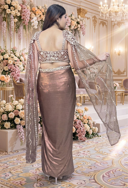 Shimmer Handwork Crop Top and Tulip Skirt Set with Cape Sleeves