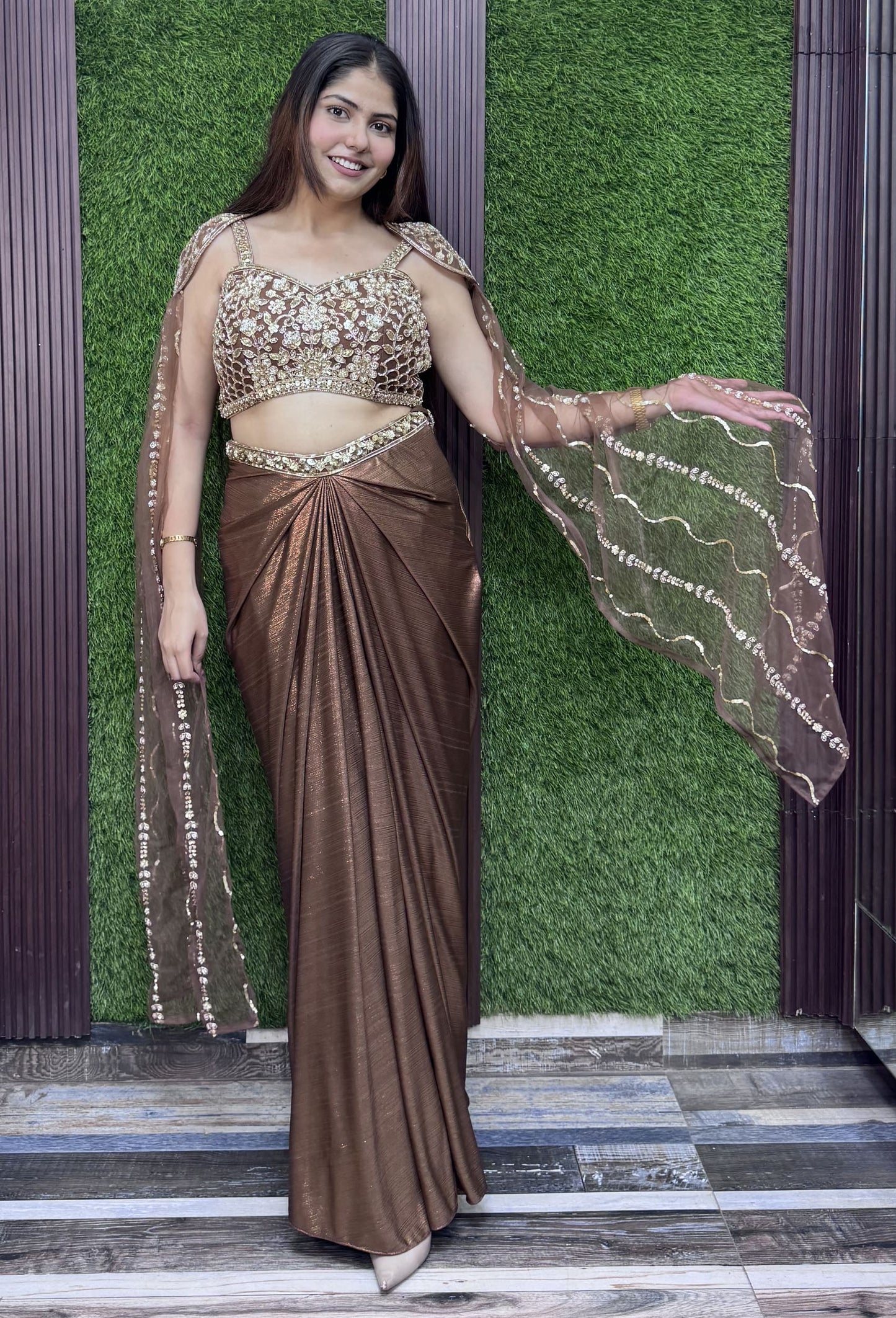 Shimmer Handwork Crop Top and Tulip Skirt Set with Cape Sleeves