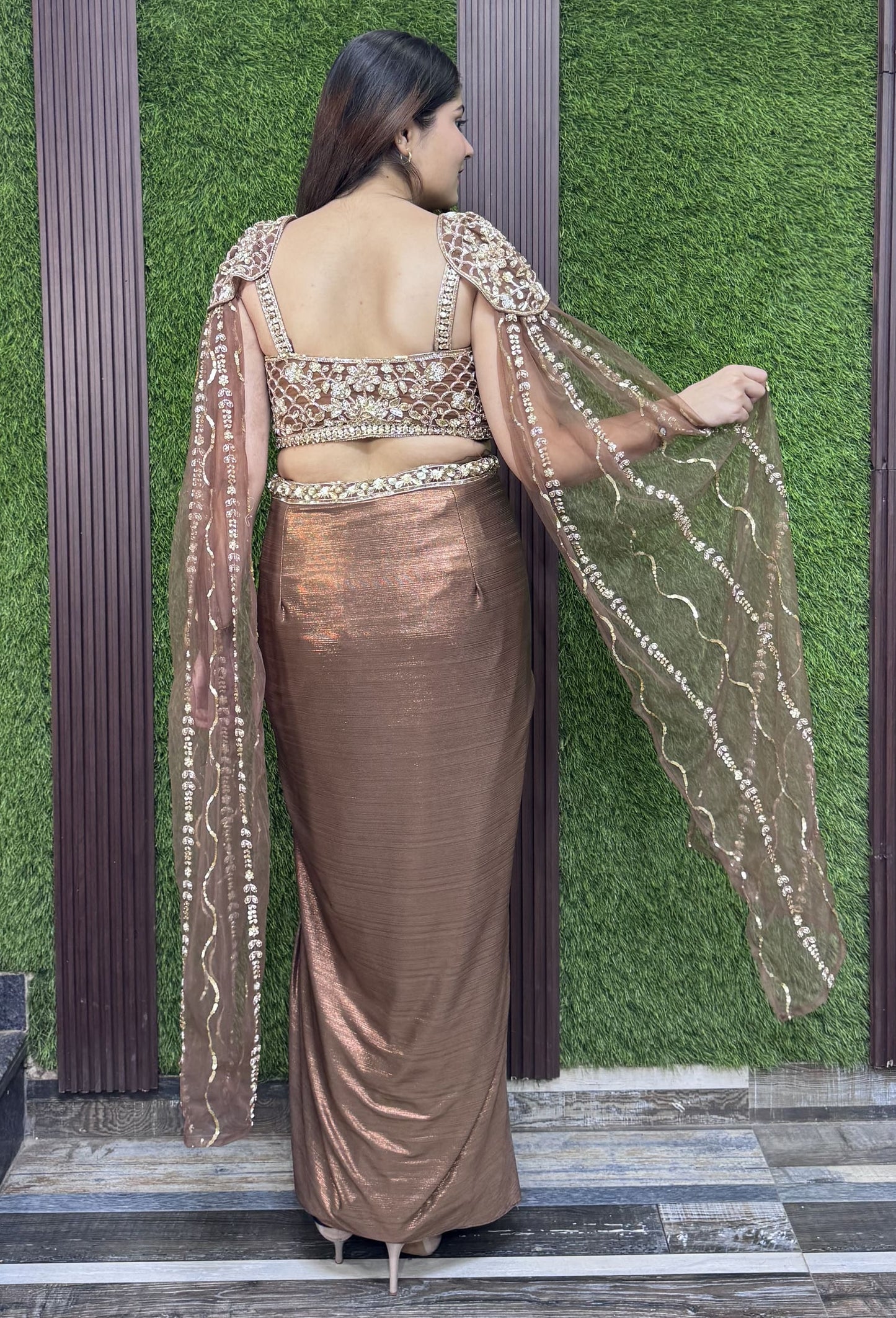 Shimmer Handwork Crop Top and Tulip Skirt Set with Cape Sleeves