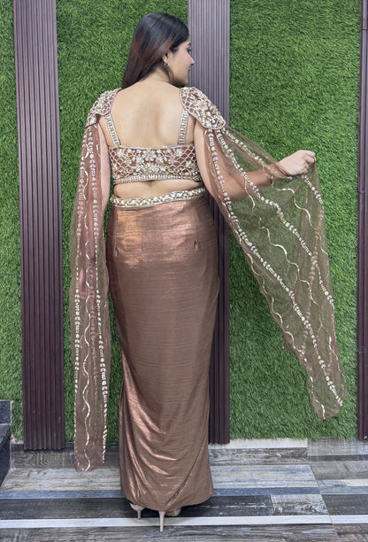 Shimmer Handwork Crop Top and Tulip Skirt Set with Cape Sleeves