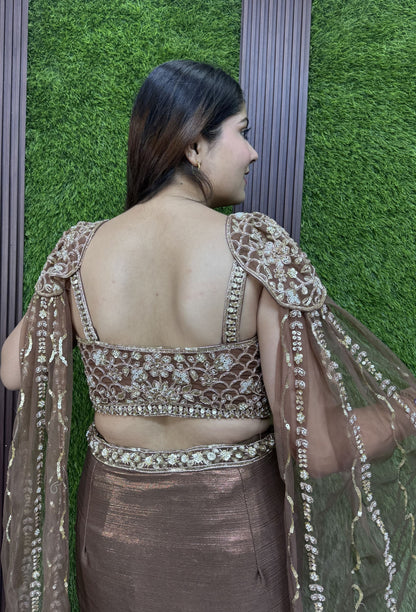 Shimmer Handwork Crop Top and Tulip Skirt Set with Cape Sleeves