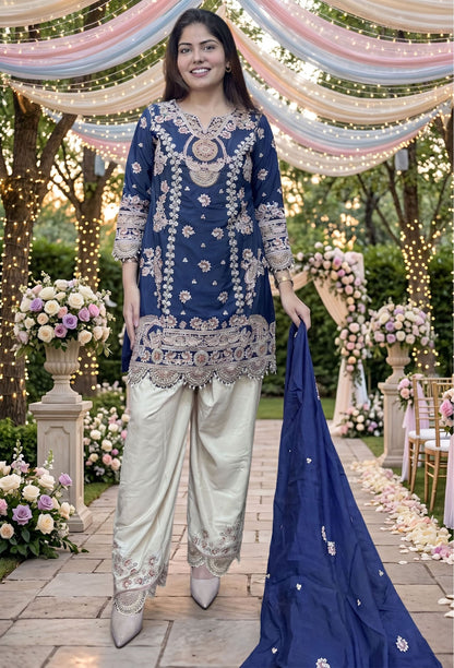 Pearl Work Embroidered Farshi Salwar Suit with Contrast Dupatta