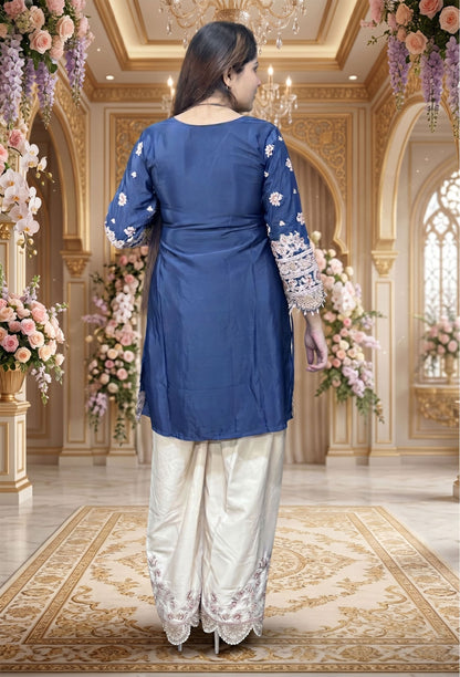 Pearl Work Embroidered Farshi Salwar Suit with Contrast Dupatta