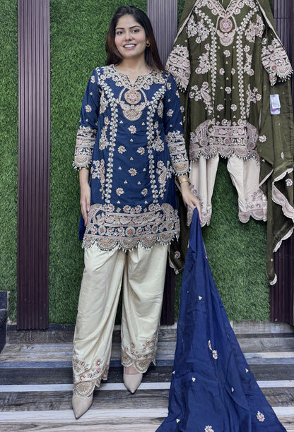 Pearl Work Embroidered Farshi Salwar Suit with Contrast Dupatta