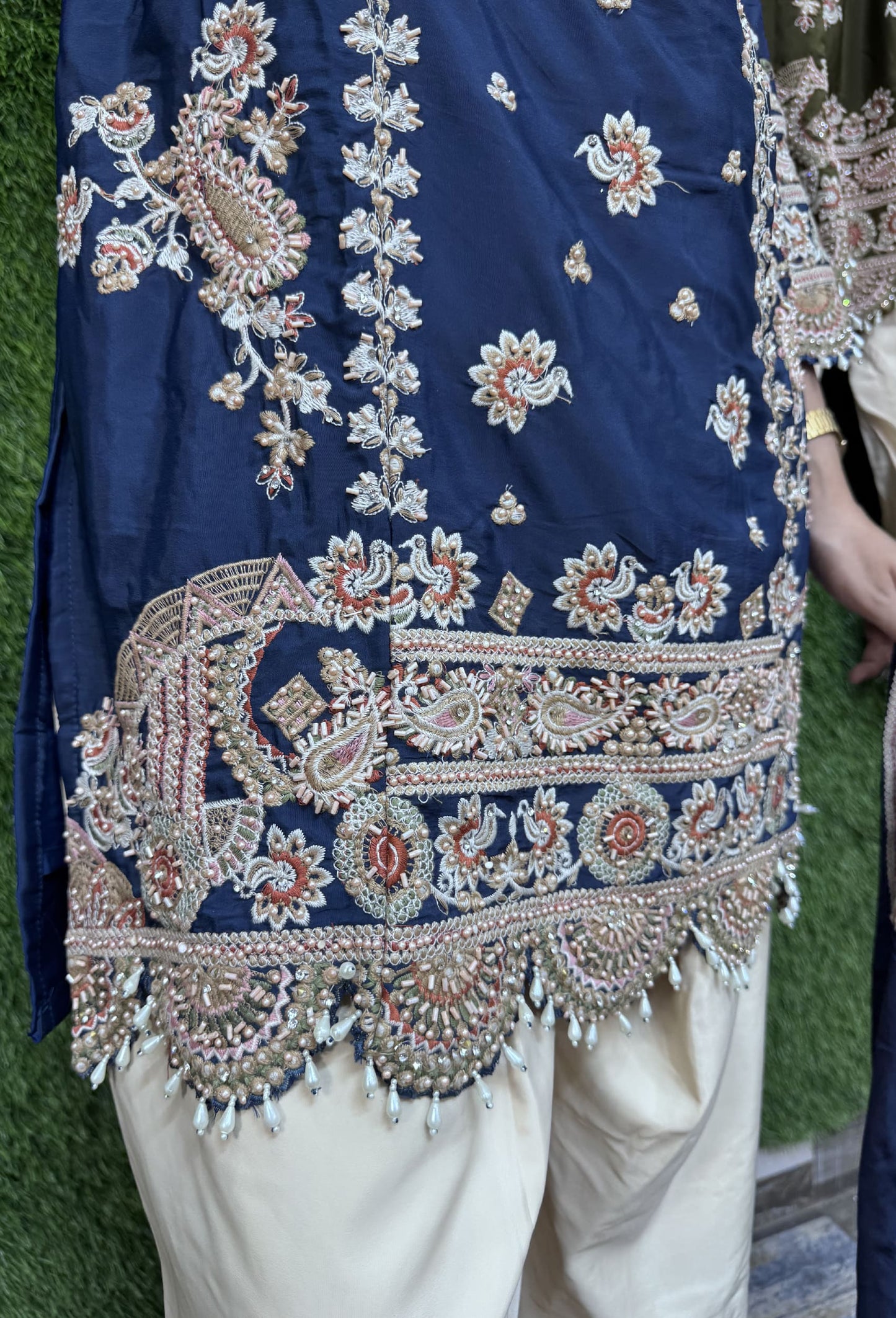 Pearl Work Embroidered Farshi Salwar Suit with Contrast Dupatta