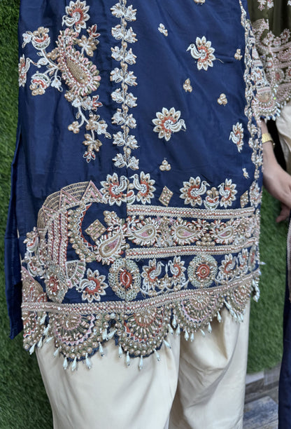 Pearl Work Embroidered Farshi Salwar Suit with Contrast Dupatta