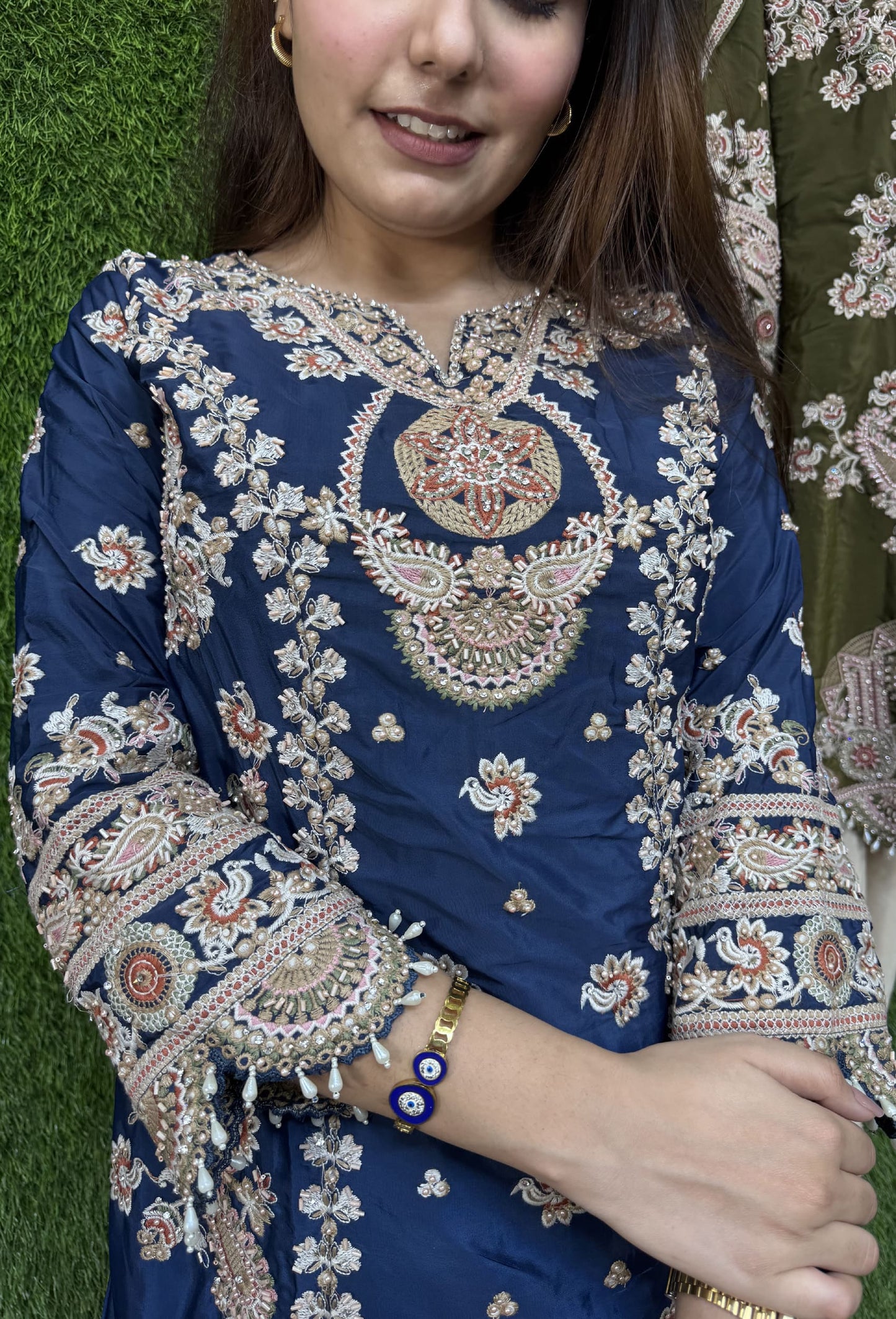 Pearl Work Embroidered Farshi Salwar Suit with Contrast Dupatta