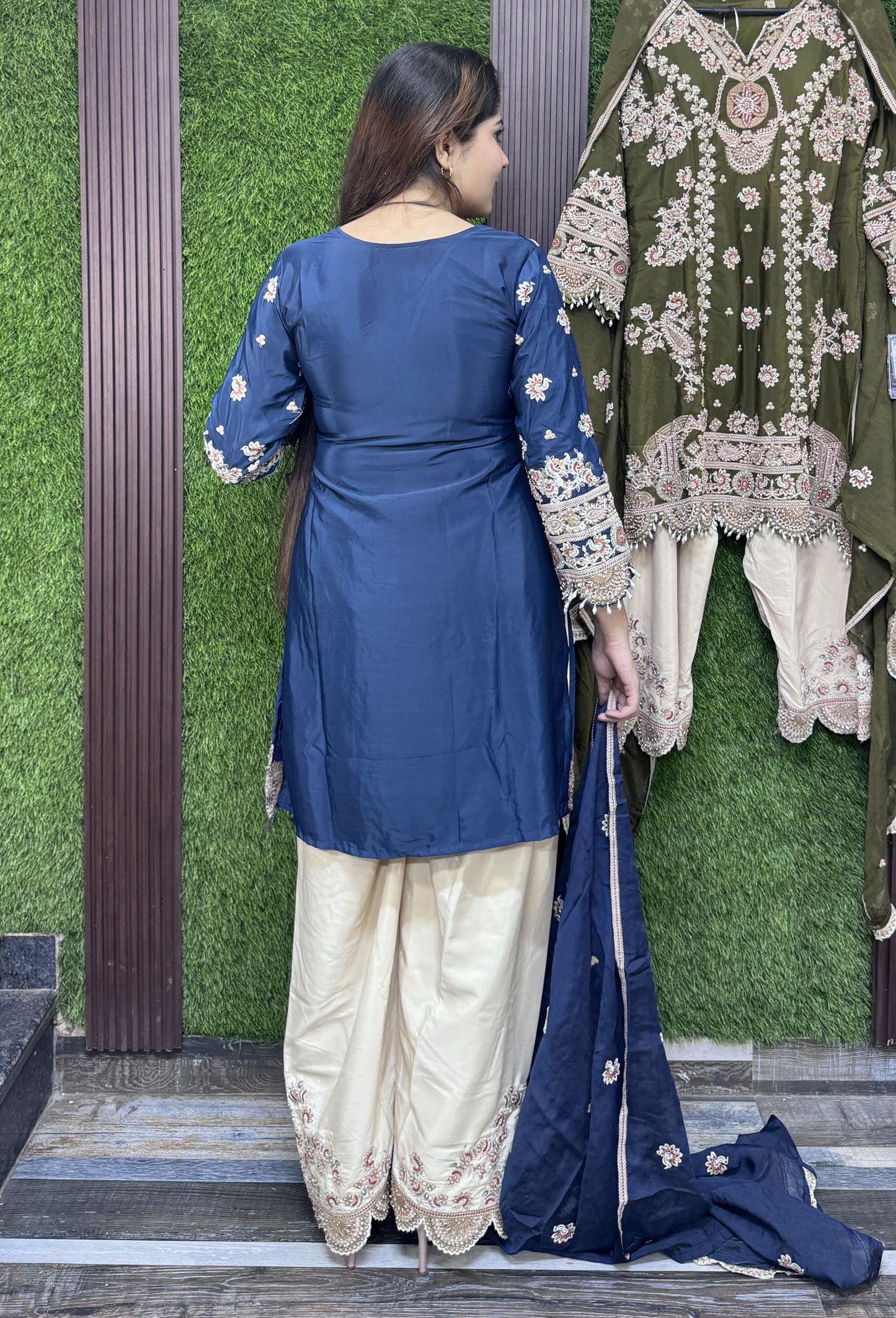 Pearl Work Embroidered Farshi Salwar Suit with Contrast Dupatta